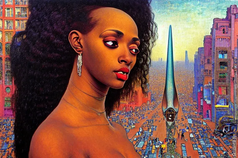 Image similar to realistic extremely detailed closeup portrait painting of a beautiful black woman in a dress with a robot, city street on background by Jean Delville, Amano, Yves Tanguy, Ilya Repin, Alphonse Mucha, William Holman Hunt, Ernst Haeckel, Edward Robert Hughes, Roger Dean, rich moody colours