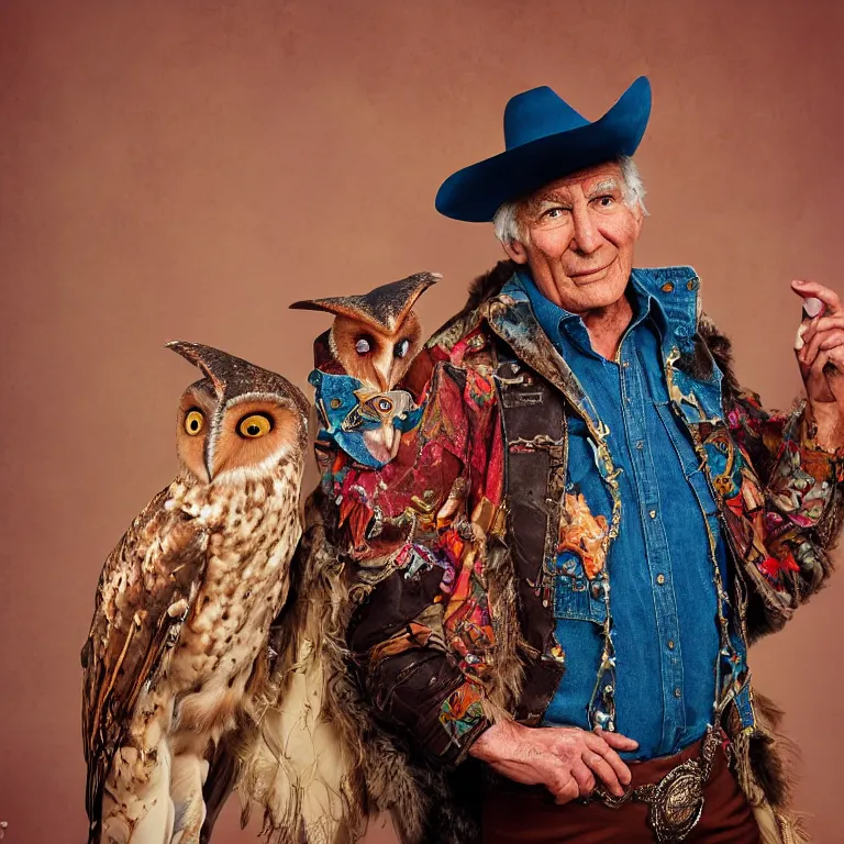 Image similar to high fashion photoshoot octane render portrait by wayne barlow and carlo crivelli and glenn fabry, a distinguished old cowboy wearing a colorful wes anderson designed cowboy costume and holding a barn owl inside a high - end exotic colorful pastel vintage boutique hotel lounge, very short depth of field, bokeh