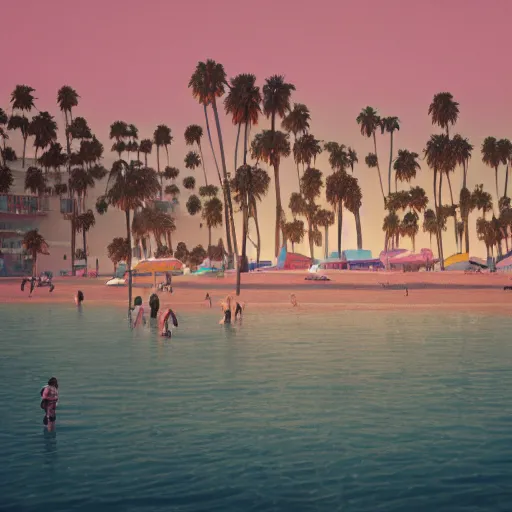 Image similar to 8 0's style art of santa monica beach, intricate artwork by tooth wu and wlop and beeple. octane render, trending on artstation, greg rutkowski very coherent symmetrical artwork. cinematic, hyper realism, high detail, octane render