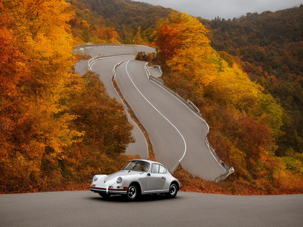 Image similar to a porsche singer with lights on a mountain road, autumn leaves, motion blur, 3 5 mm photography, car photography, clean lines, realistic