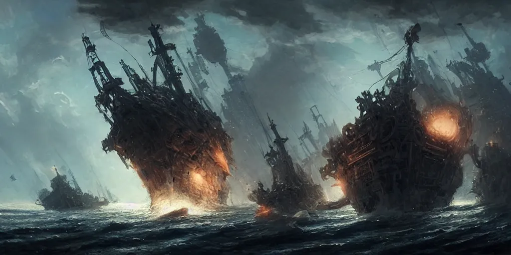 Prompt: A medieval ship flotilla is getting destroyed by a giant kraken monster at sea. In style of Yoji Shinkawa and Hyung-tae Kim, trending on ArtStation, Greg Rutkowski, dark fantasy, great composition, concept art, highly detailed, scenery.