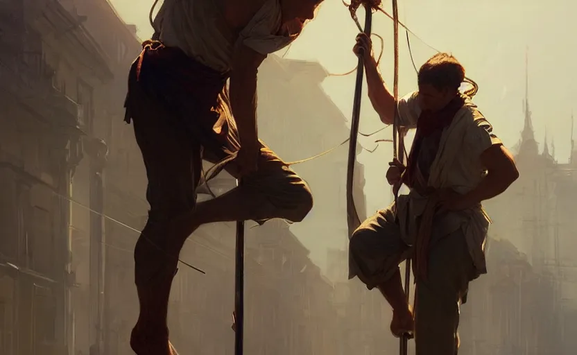 Image similar to a man tied to a pole, highly detailed, digital painting, artstation, concept art, smooth, sharp focus, illustration, cinematic lighting, art by artgerm and greg rutkowski and alphonse mucha