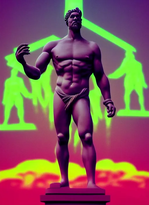 Image similar to statue of hercules looking angry, beeple, vaporwave, retrowave, black background, neon, black, glitch, strong contrast, neon wiring, cuts, american gods intro, pinterest, trending on artstation