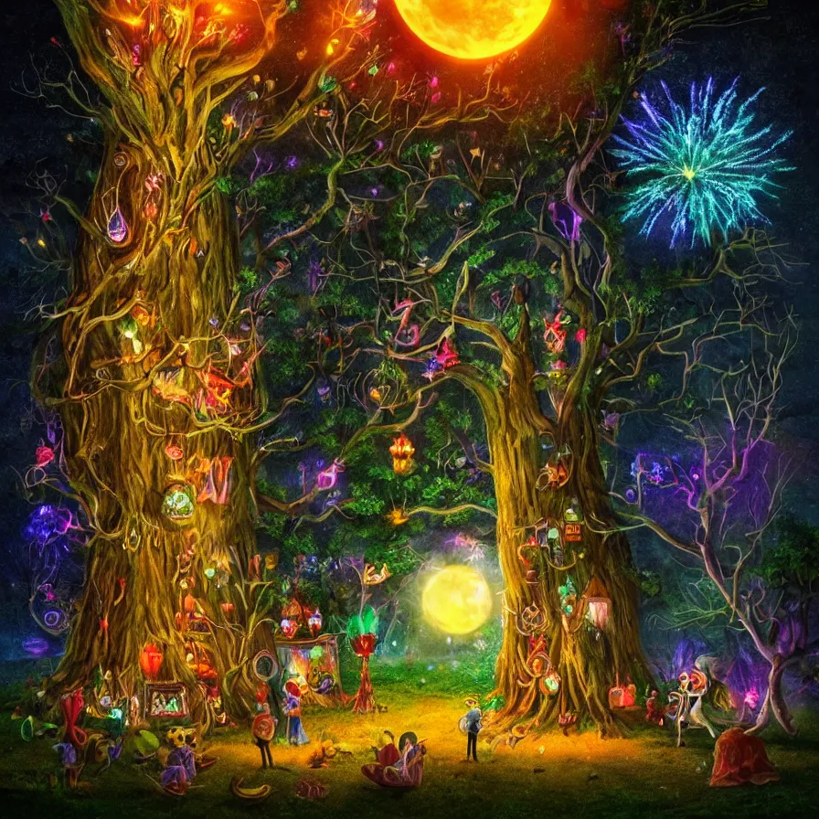 Image similar to a night carnival around a magical tree cavity, with a surreal orange moonlight and fireworks in the background, next to a lake with iridiscent water, christmas lights, folklore animals and people disguised as fantastic creatures in a magical forest by summer night, fantasy art, scene by night, dark night environment, refraction lights, glares