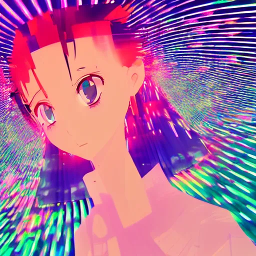 Image similar to Anime of girl in white dress dancing, halo over her head, glitchy, glitch art, Chromatic aberration, nobody knows the future