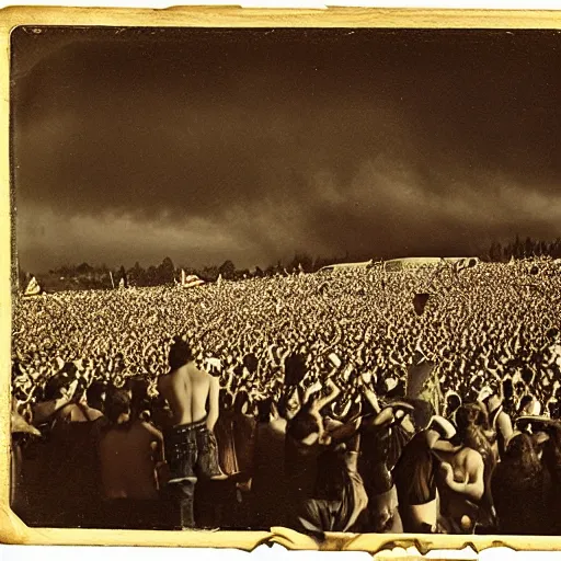 Image similar to a daguerrotype photo of woodstock 9 9, very early film stock, 1 8 0 0 s, vintage