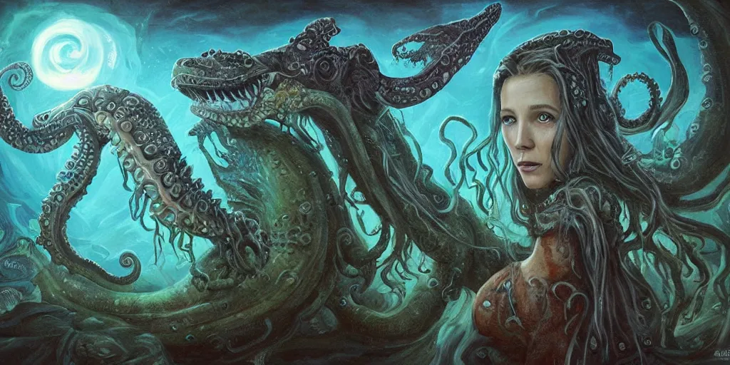 Image similar to Fantasy fairytale style portrait painting, Great Leviathan Turtle, cephalopod, Cthulhu Squid, hybrid, Mythic Island, center Universe, accompany Cory Chase, Blake Lively, Anya_Taylor-Joy, Grace Moretz, Halle Berry, Mystical Valkyrie, Anubis-Reptilian, Atlantean Warrior, hybrid, intense fantasy atmospheric lighting, digital oil painting, hyperrealistic, François Boucher, Michael Cheval, Oil Painting, Cozy, hot springs hidden Cave, candlelight, natural light, lush plants and flowers, Spectacular Mountains, bright clouds, luminous stellar sky, outer worlds, Jessica Rossier, michael whelan, William-Adolphe Bouguereau, Solar Flare HD,