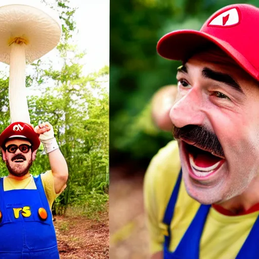 Image similar to photo of real life mario finding a giant amanita muscaria, exhilarated, portrait, closeup. mouth open, 3 0 mm, bokeh