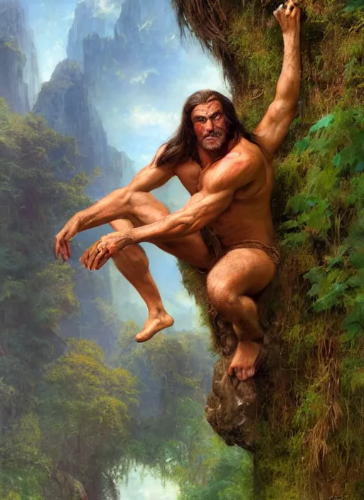 Prompt: sean connery as tarzan of the apes, digital art by eugene de blaas and ross tran, vibrant color scheme, intricately detailed, in the style of romanticism, cinematic, artstation, greg rutkowski