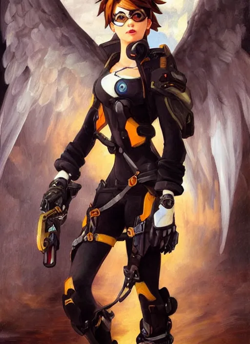 Image similar to oil painting of tracer overwatch in the style of sophie anderson, on knees, angel wings, black outfit, dramatic painting, wearing steel collar,