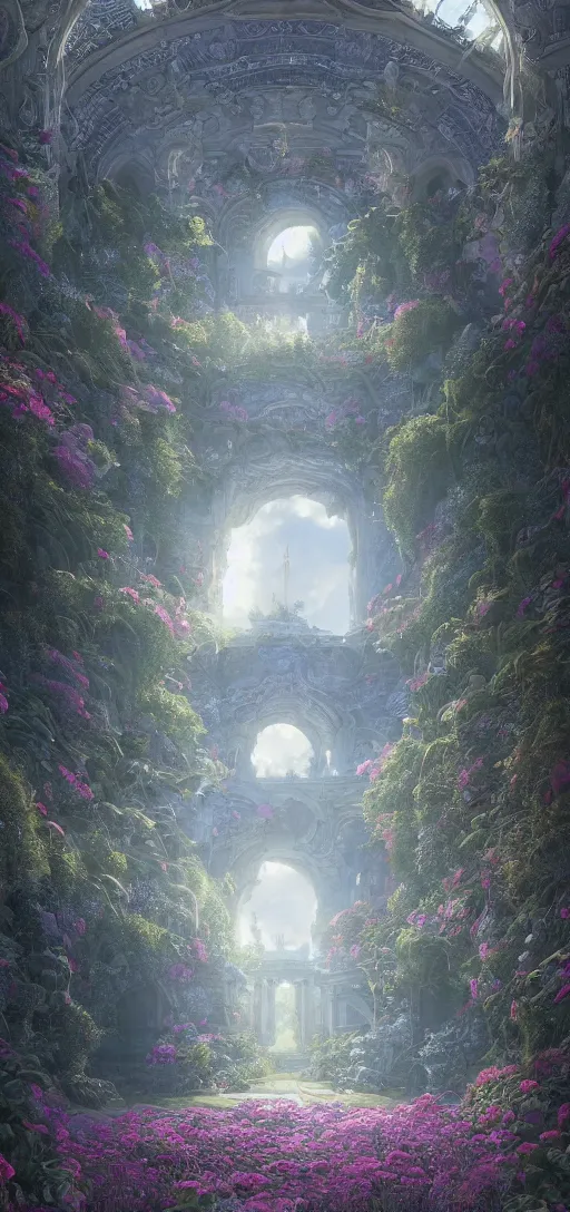 Prompt: vanishing point palace is like the kremlin covered with aqua blue roses on a lake, viewed from afar, stephen bliss, misty, unreal engine, fantasy art by greg rutkowski, loish, ferdinand knab, and lois van rossdraws,, global illumination, radiant light, minimalist, detailed and intricate environment