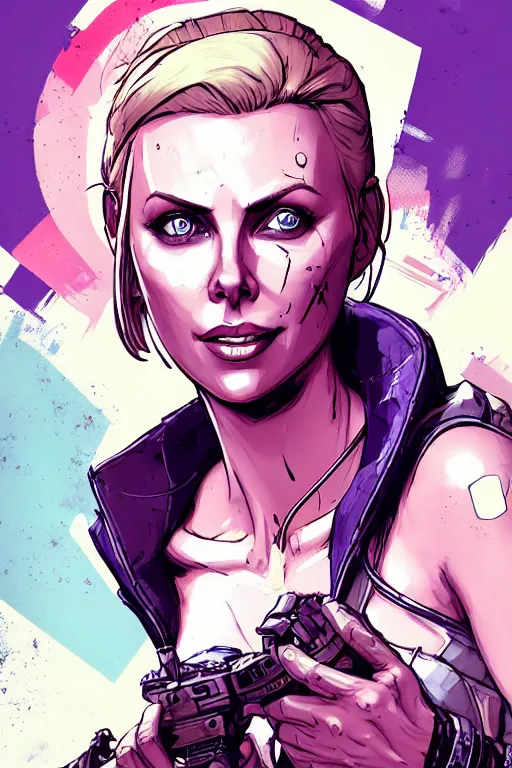 Image similar to a study of cell shaded portrait of Charlize Theron sharpshooter as Borderlands 3 concept art, llustration, post grunge, concept art by josan gonzales and wlop, by james jean, Victo ngai, David Rubín, Mike Mignola, Laurie Greasley, highly detailed, sharp focus, alien, Trending on Artstation, HQ, deviantart, art by artgem