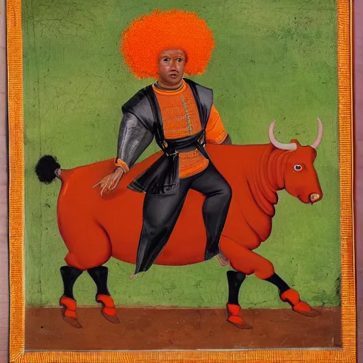 Image similar to photograph of a black man with afro hair wearing an army green adidas jacket riding an orange colored bull!!, renaissance style painting