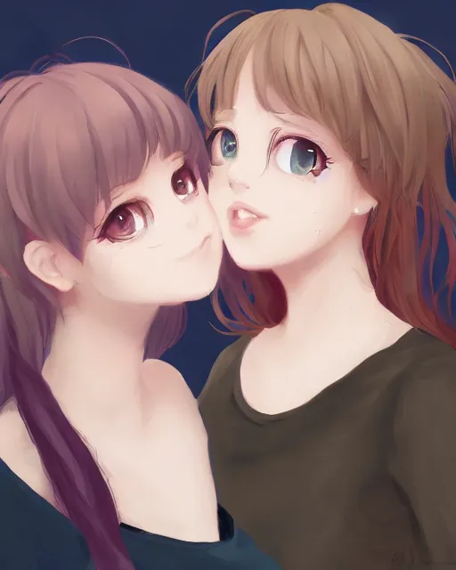 Image similar to portrait of two girls kissing, anime, trending on Artstation