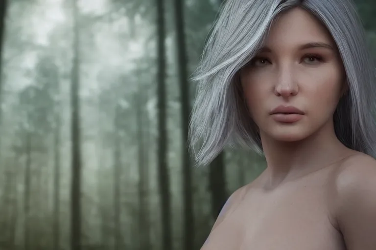 Prompt: hyperrealistic portrait of stunningly beautiful silver haired girl, lit by dawn light, deep forest on background, trending on artstation,ultrawide angle, f8 , polarizer , unreal engine