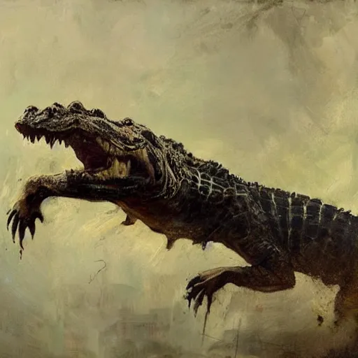 Image similar to crocodile morphed with tiger, highly detailed jeremy mann painting