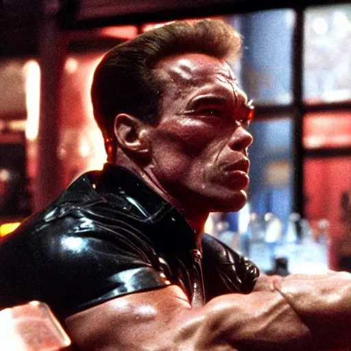 Image similar to the Arnold Schwarzenegger as the Terminator in a bar