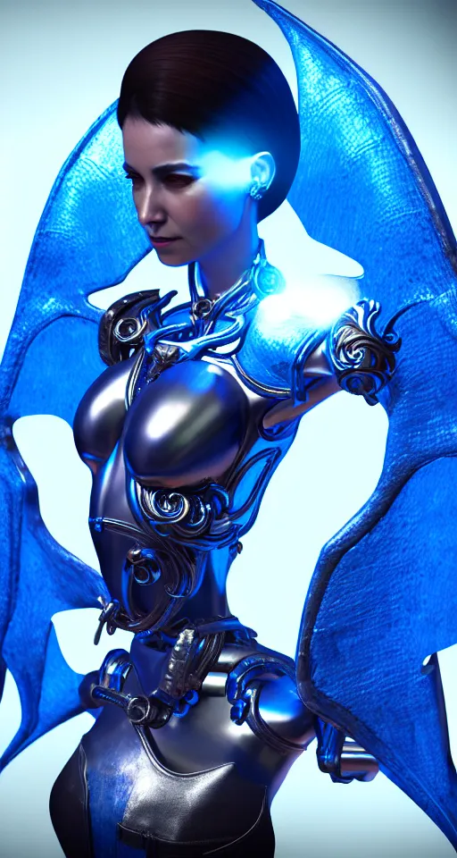 Image similar to portrait of a cyborg woman with metal wings a blue dragon scale, trending artstaition, unreal engine