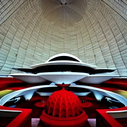 Prompt: interior of a futuristic lotus temple space station with gold, red and white marble panels, by buckminster fuller and syd mead, intricate contemporary architecture, photo journalism, photography, cinematic, national geographic photoshoot