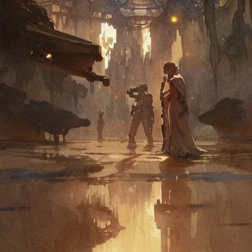 Prompt: a beautifull intricate watercolour painting of star wars scene, reflexions, verry high details by william turner art, greg rutkowski and alphonse mucha, trending on artstation, very very detailed, masterpiece, muted colors