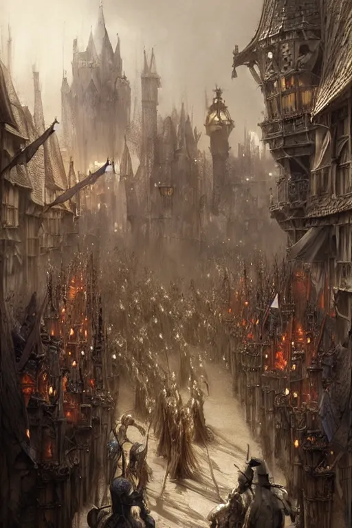 Prompt: medieval parade of knights, holiday, by wlop, by luis royo, by peter mohrbacher, concept art, digital illustration, intricate, masterpiece, elegant, super detailed, unreal engine rendering, smooth, sharp focus, artstation hq