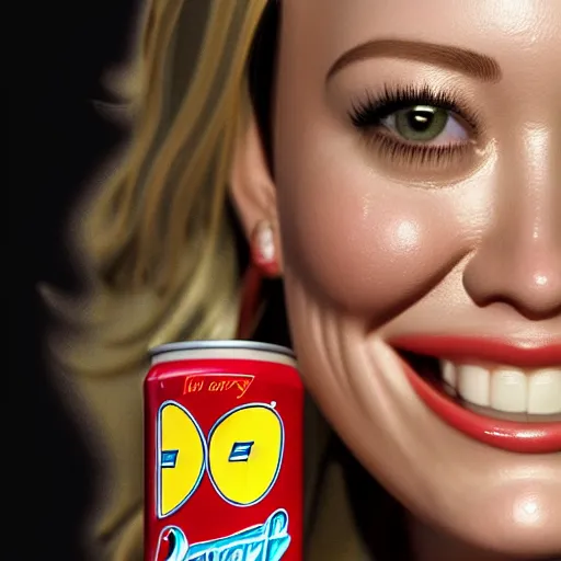 Image similar to hilary duff's face on a can of duff beer :, dynamic, particulate, intricate, elegant, highly detailed, centered, artstation, smooth, sharp focus, octane render