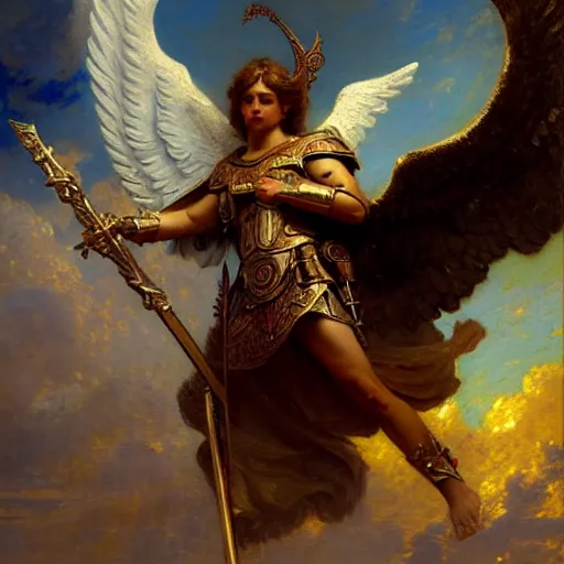 Image similar to saint michael the angel, guarding the world from evil. highly detailed painting by gaston bussiere, greg rutkowski 8 k