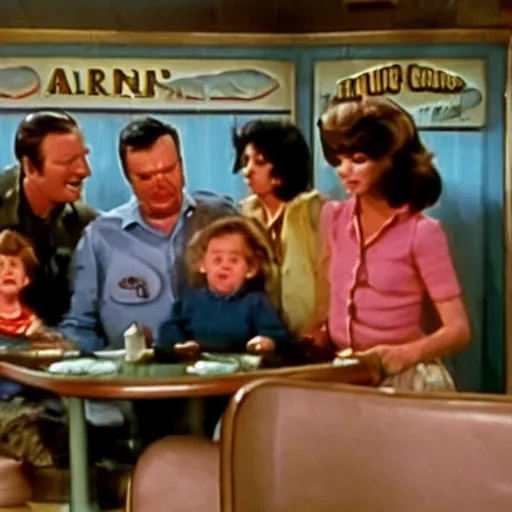 Prompt: screenshot of the crying family with the mallard in Al's diner from 70s comedy TV show unhappy days