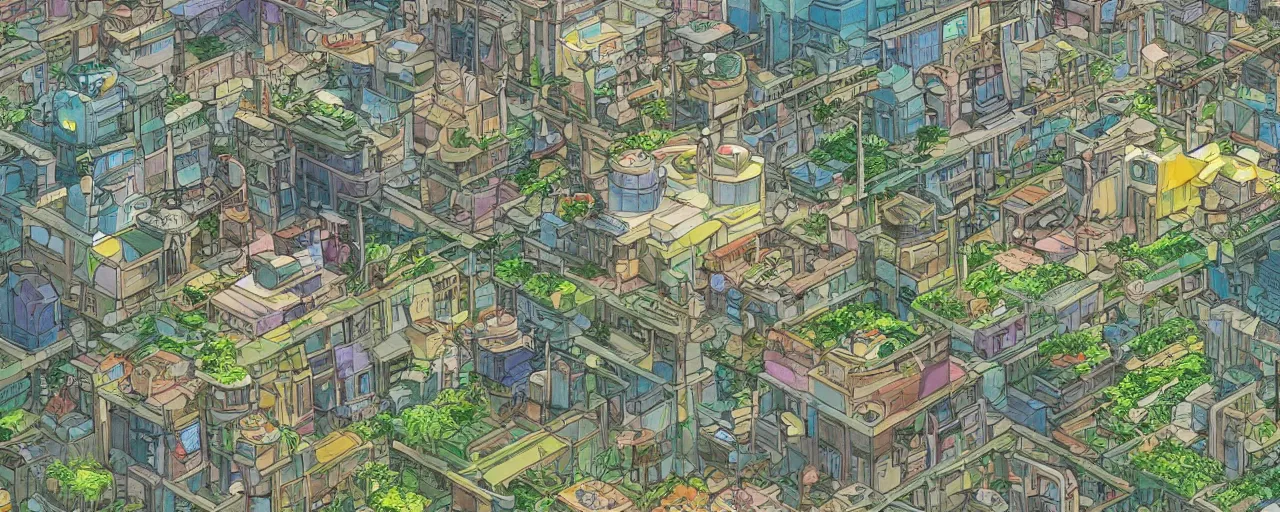 Image similar to a solarpunk city in the style of studio ghibli