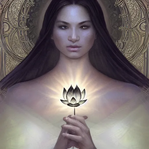 Image similar to a beautiful and detailed illustration of a black lotus with fractal fibonaucci sequence petals, in the style of magic the gathering, highly detailed, digital painting, unholy union, white church background, god rays, volumetric lighting, octane render, 4 k resolution, art by artgerm and greg rutkowski and alphonse mucha, masterpiece, in a luminist baroque style