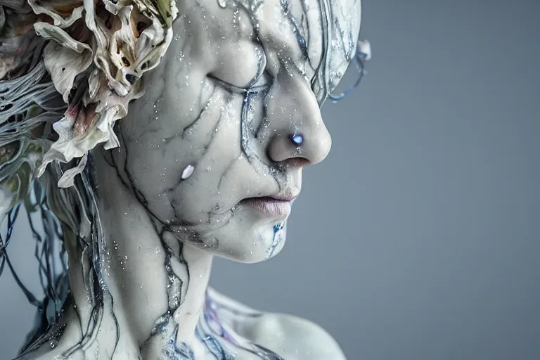 Image similar to a sculpture of a beautiful woman with flowing tears, fractal flowers on the skin, intricate, a marble sculpture by nicola samori, behance, neo - expressionism, marble sculpture, apocalypse art, made of mist, still frame from the prometheus movie by ridley scott with cinematogrophy of christopher doyle, arri alexa, anamorphic bokeh, 8 k