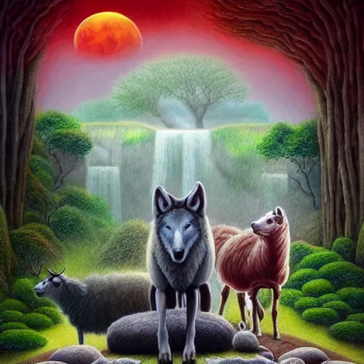 Image similar to a wolf with 2 sheep meditating in a zen garden with a waterfall under the blood moon, by Adi granov and afarin sajedi and amanda sage and evgeni gordiets and Agostino Arrivabene and adonna khare in a psychedelic portrait style, ultrarealistic matte painting, volumetric lighting, fractal, extremely symmetrical, highly detailed face, orisha, 8k, hd