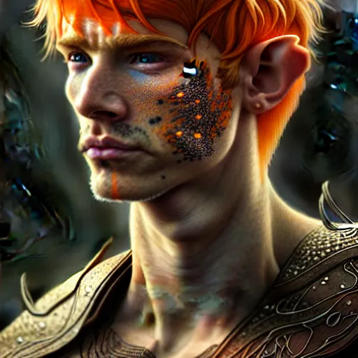 Prompt: portrait painting of an elven young man with short light orange hair and freckles and tree tattoos on his cheekbones light armor, ultra realistic, concept art, intricate details, eerie, highly detailed, photorealistic, octane render, 8 k, unreal engine. art by artgerm and greg rutkowski and charlie bowater and magali villeneuve and alphonse mucha