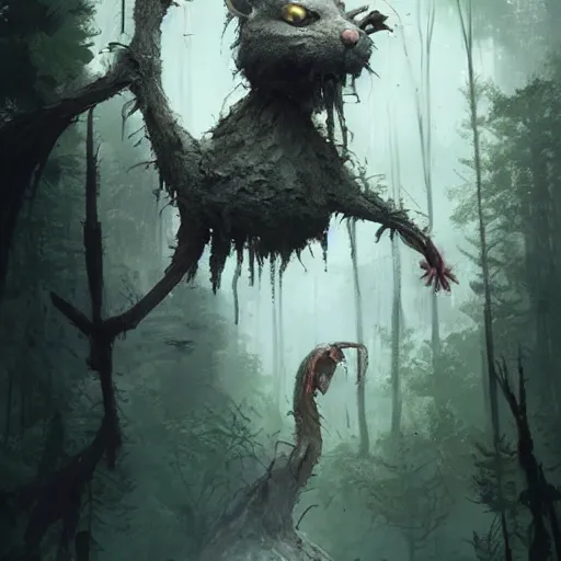 Image similar to a living tree with legs and a tail, in the shape of a rat, in a corrupted forest, by greg rutkowski, trending on art station, highly detailed, magic the gathering, matte painting