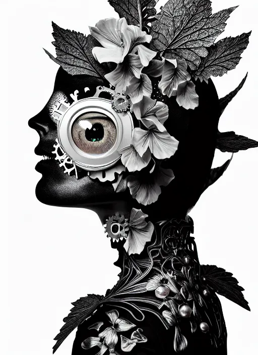 Image similar to monochrome profile portrait painting, dutch masters, silver lace floral steampunk biomechanical beautiful one techno eye young female cyborg, big monocular, volumetric light, leaves foliage and stems, hibiscus flowers, alexander mcqueen, rim light, big gothic fashion pearl embroidered collar, 8 k