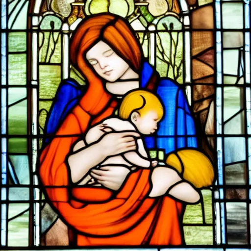 Prompt: a beautiful pale woman with orange hair holding a baby boy, on a stained glass window