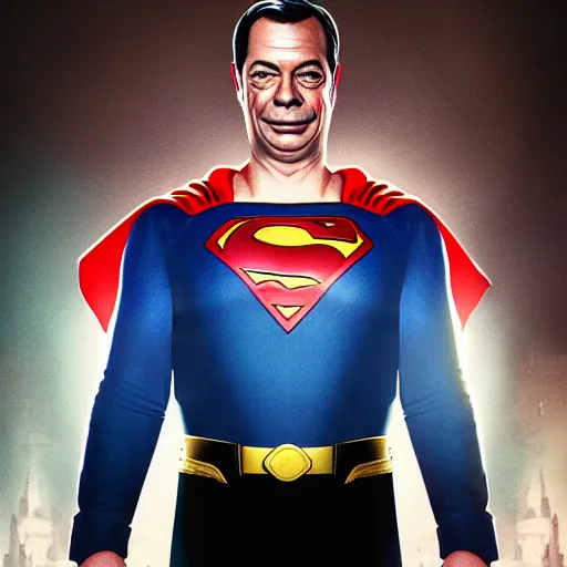 Image similar to Portrait of Nigel Farage as superman, heroic, amazing splashscreen artwork, splash art, head slightly tilted, natural light, elegant, intricate, fantasy, atmospheric lighting, cinematic, matte painting, detailed face, by Greg rutkowski