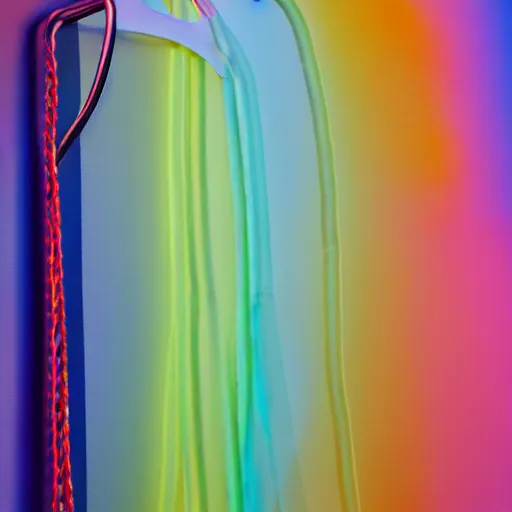 Image similar to an ultra high definition professional studio quality photograph of a transparent iridescent perspex pastel coloured raincoat with neon yellow guide ropes on a coat hook in an empty white room. dramatic lighting, ray tracing, refraction, shallow d. o. f, colour corrected, golden ratio, three point light. volumetric shadows. light rays.