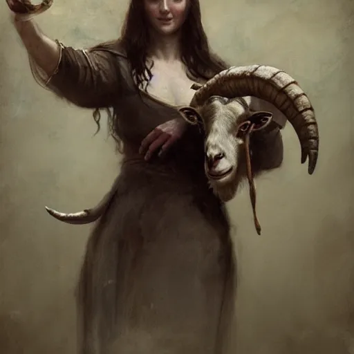 Image similar to woman with goat horns holding an animal skull, style of da vinci, fantasy illustration, by greg rutkowski