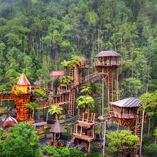 Prompt: professional photo of a tree top town similar to level of donkey kong country, by discovery magazine, real life, photorealistic, soft focus, long exposure