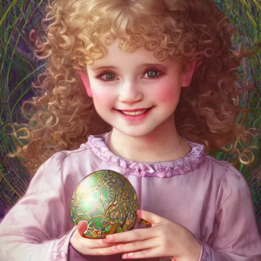 Prompt: a beautiful smiling little [[[[[[blonde toddler]]]]]] girl with short loosely curly hair, at the park on a beautiful day, holding a pink beautiful faberge egg, by Artgerm, Mucha Klimt, Hiroshi Yoshida and Craig Mullins, featured on Artstation, CGSociety, Behance HD, Deviantart