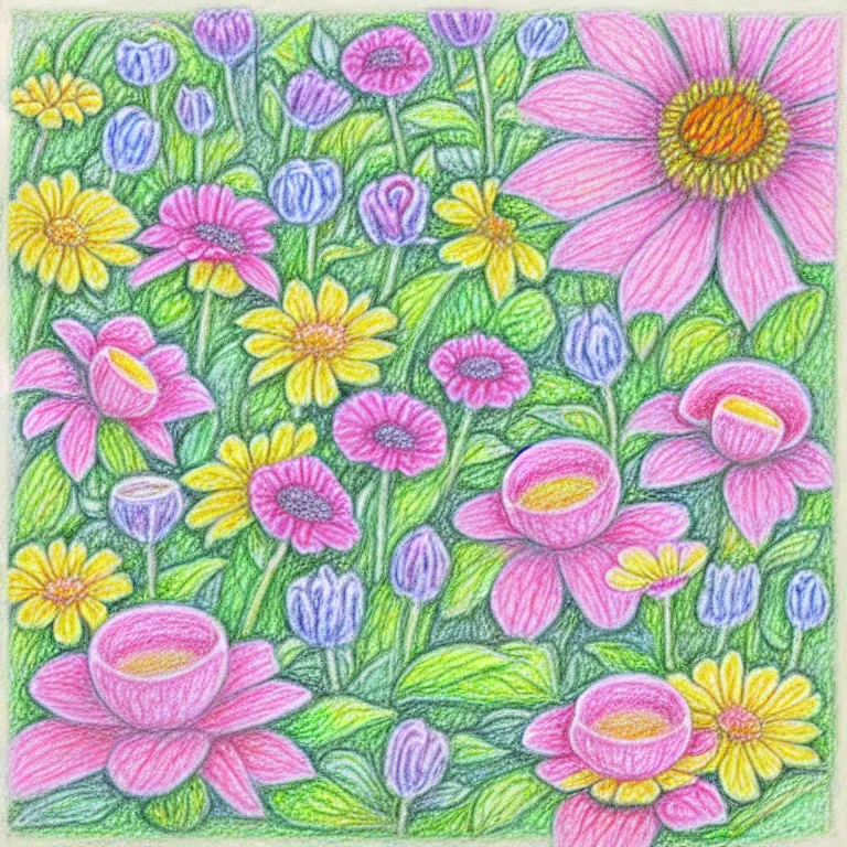 Image similar to an absurdly-detailed tea party in the flower garden colored-pencil drawing as a fancy square tile. pastel palette
