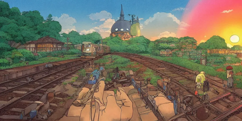 Prompt: a sunset railroad environment in the studio ghibli style, ghibli, my neighbor totoro, spirited away, castle in the sky