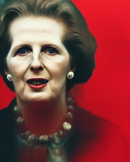 Image similar to margaret thatcher covered in rain, close - up, atmospheric moody hyper realistic award winning color cinematic still 8 k