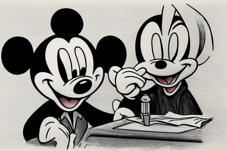 Prompt: courtroom sketch of vintage disney character mickey mouse presenting evidence of copyright infringement to the judge bench court room wooden serious dark tone