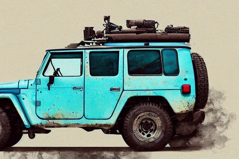 Image similar to digital illustration of a faded cyan mad max's fj 4 0 decrepit!!!! pursuit special, rusty!!! nissan fj cruiser heavily modded 1 9 9 0 s, the last v 8 interceptor by makoto shinkai, ilya kuvshinov, lois van baarle, rossdraws, basquiat