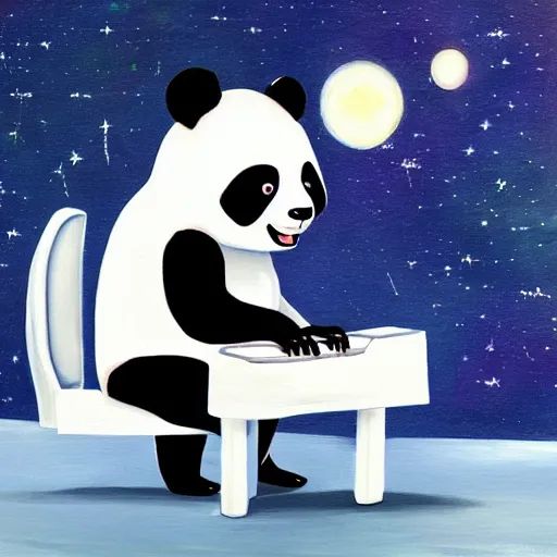 Prompt: painting of a panda playing piano at the edge of the galaxy wearing an astronaut uniform and laughing