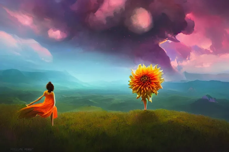 Image similar to face covered giant dahlia flower, girl on mountain, surreal photography, blue storm clouds, dramatic light, impressionist painting, digital painting, artstation, simon stalenhag