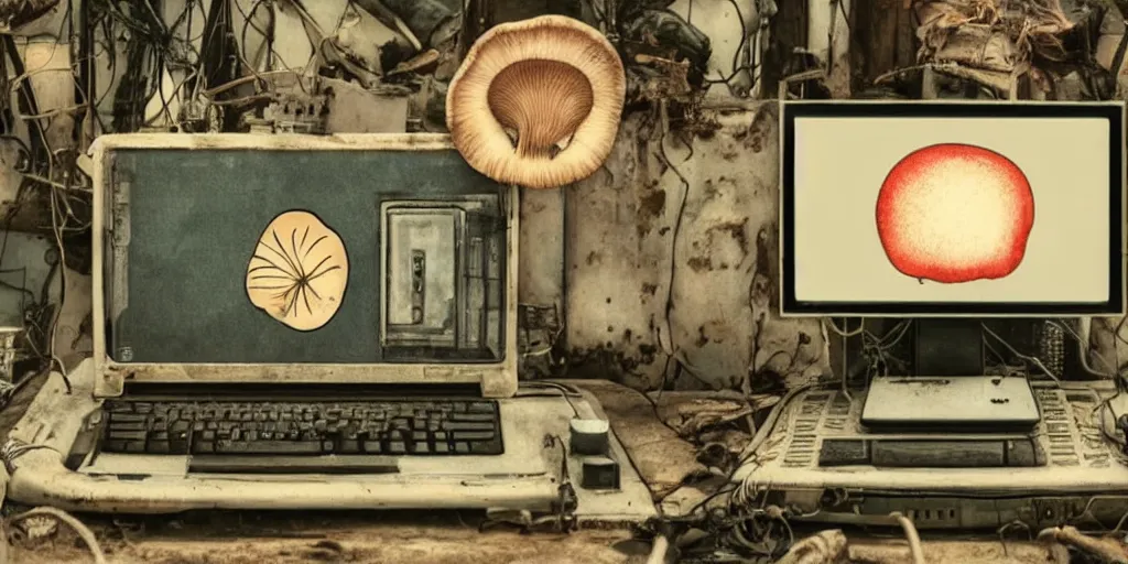 Image similar to a symmetrical portrait of a vintage computer with a mushroom on the screen, in the middle of a post apocalyptic setting,