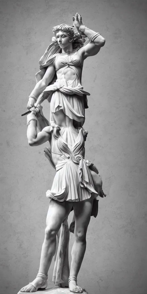 Image similar to an ancient greek statue of the sailor moon in her battle uniform sailor fuku, inside louvre by michelangelo and donatello, white marble, studio lighting, professional photography, 4 k ultra hd resolution,